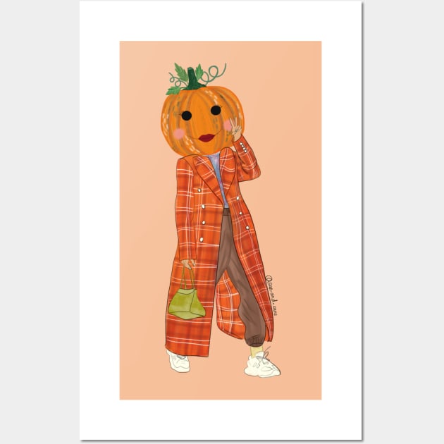 Pumpkin girl in orange jacket Wall Art by SanMade